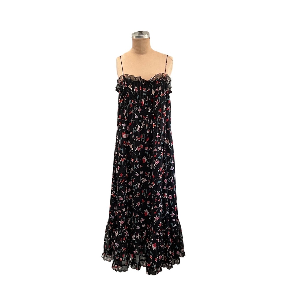 Madewell Floral Metallic Midi Dress‎ Black Pleated Ruffle Cocktail Party Size 6